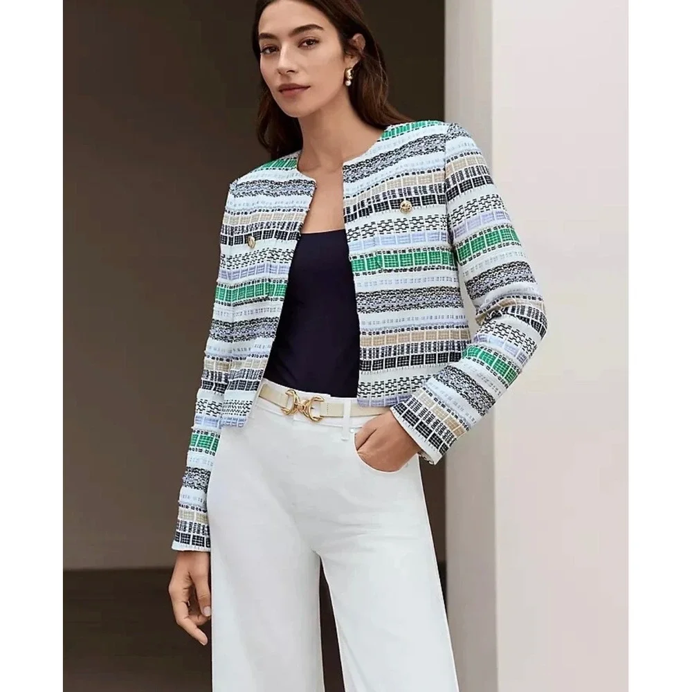 Ann Taylor Tweed Jacket Womens 16P Multicolor Excellent Striped Cropped Blazer